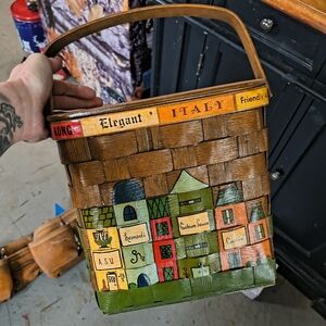 Hand-Painted Village Scene Basket